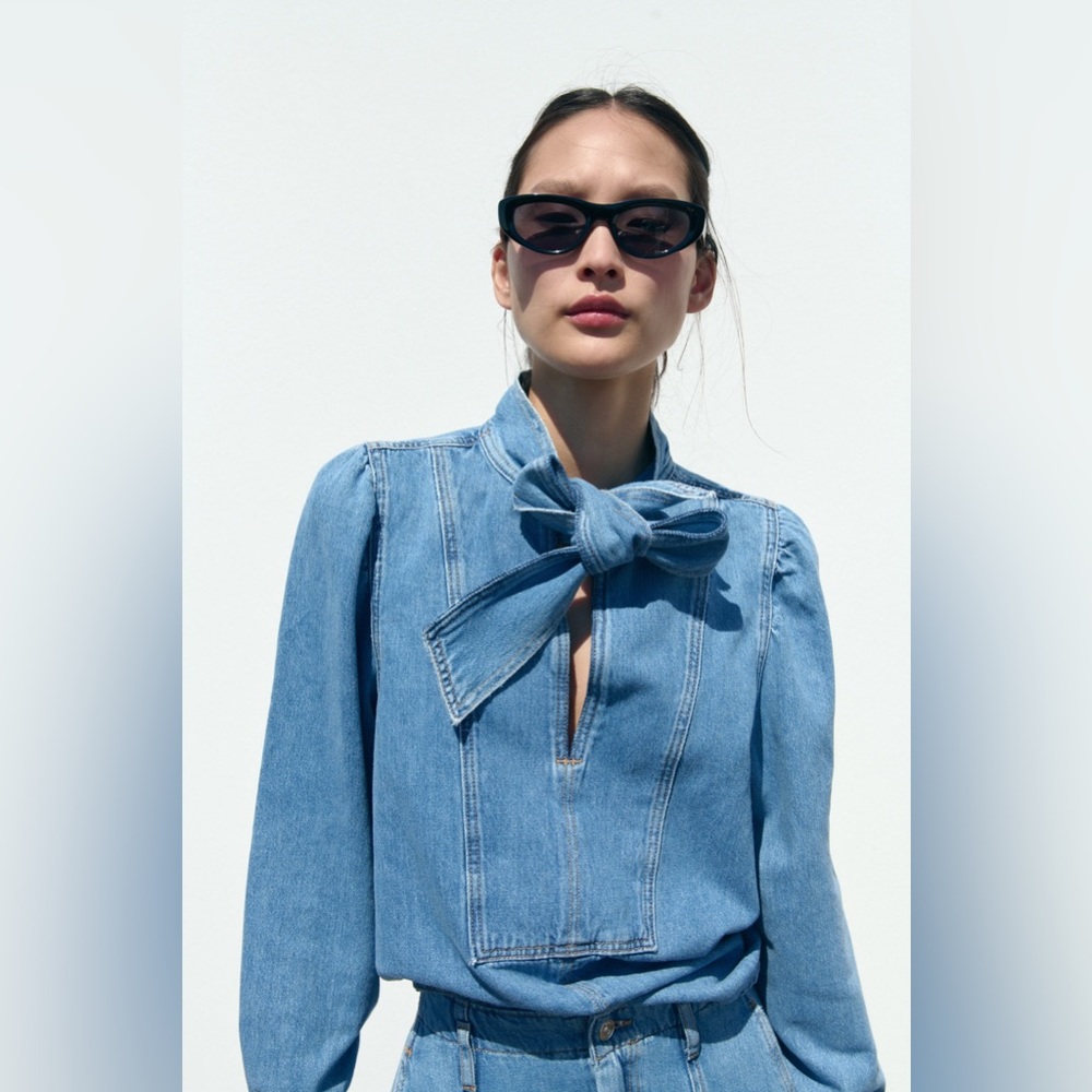 Light Blue Denim Tie-Neck Blouse